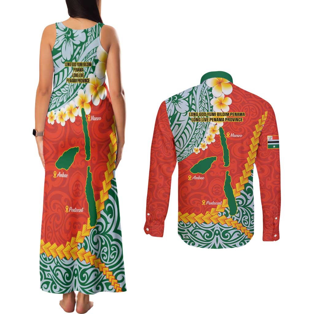 Penama Province Couples Matching Tank Maxi Dress and Long Sleeve Button Shirt Vanuatu Map - Plumeria Flag Color LT14 - Polynesian Pride