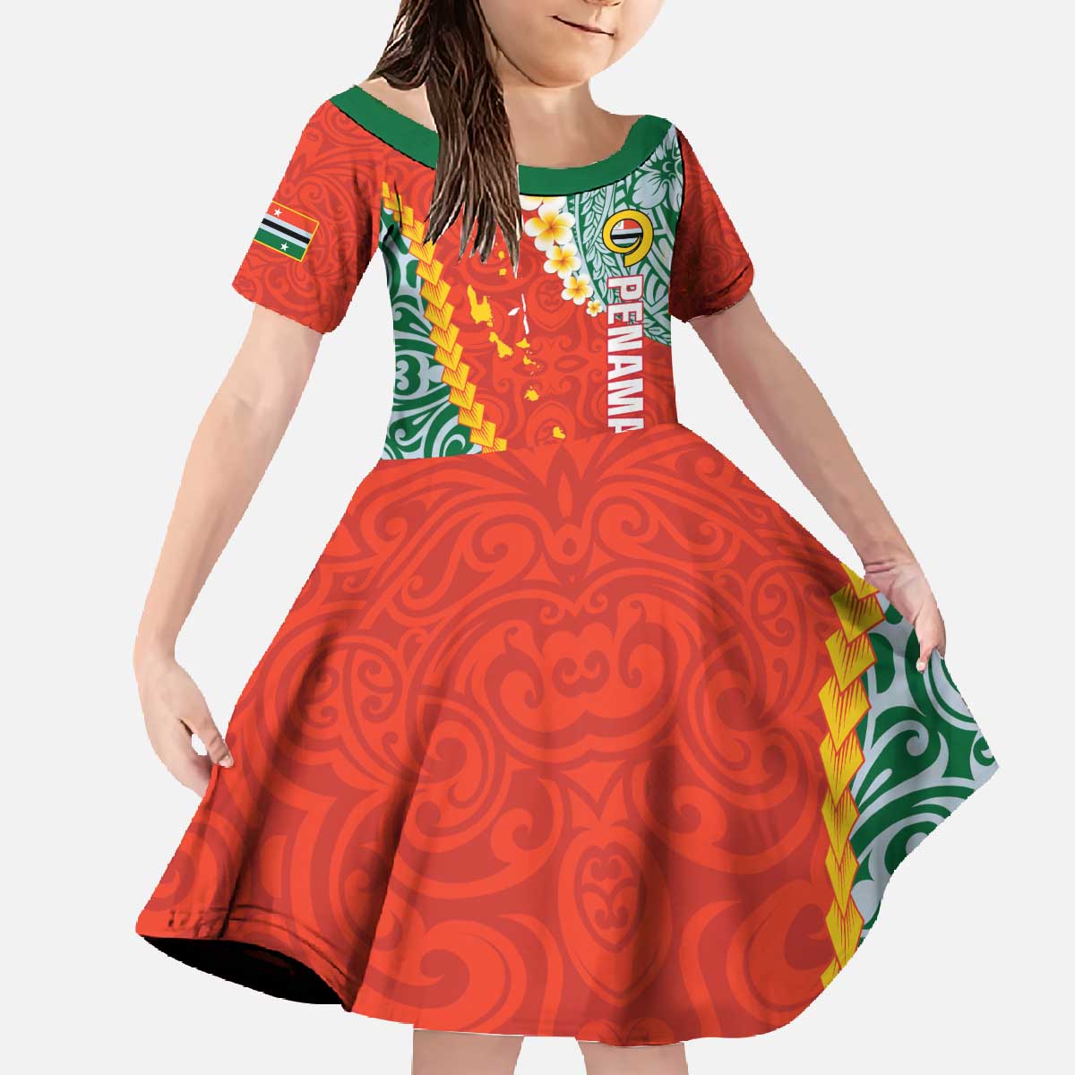 Penama Province Family Matching Off The Shoulder Long Sleeve Dress and Hawaiian Shirt Vanuatu Map - Plumeria Flag Color LT14 Daughter's Dress Red - Polynesian Pride