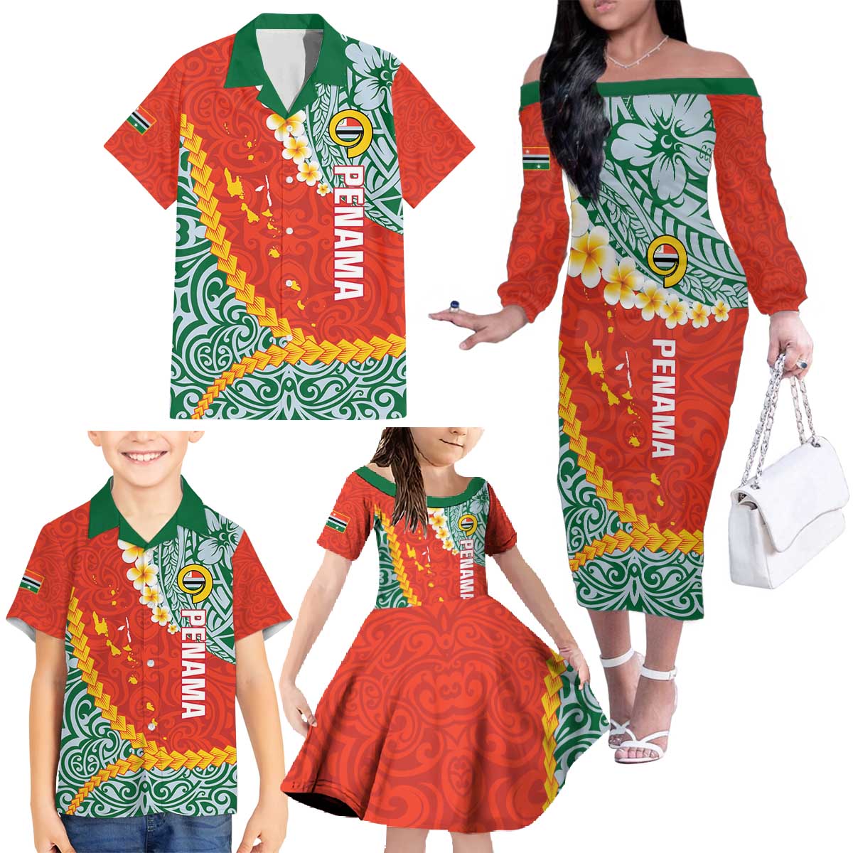 Penama Province Family Matching Off The Shoulder Long Sleeve Dress and Hawaiian Shirt Vanuatu Map - Plumeria Flag Color LT14 - Polynesian Pride