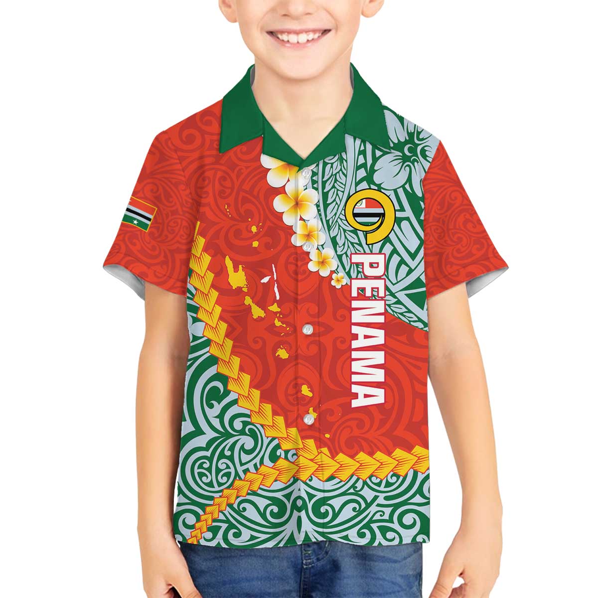 Penama Province Family Matching Off The Shoulder Long Sleeve Dress and Hawaiian Shirt Vanuatu Map - Plumeria Flag Color LT14 Son's Shirt Red - Polynesian Pride