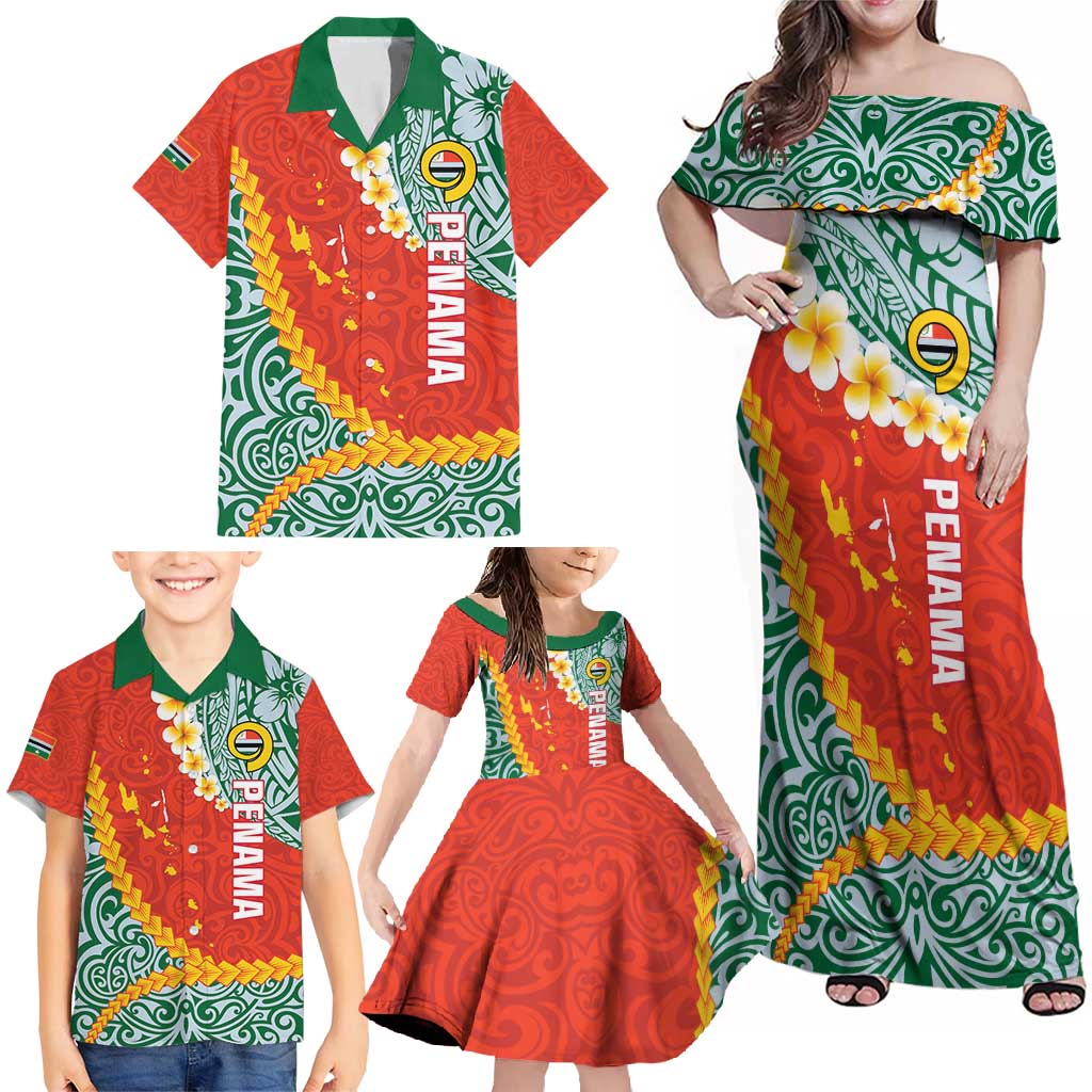 Penama Province Family Matching Off Shoulder Maxi Dress and Hawaiian Shirt Vanuatu Map - Plumeria Flag Color LT14 - Polynesian Pride