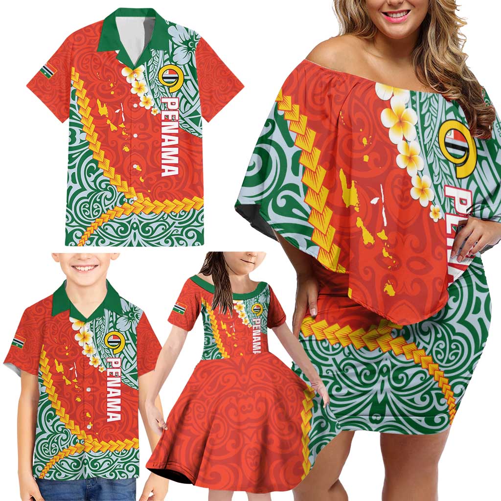 Penama Province Family Matching Off Shoulder Short Dress and Hawaiian Shirt Vanuatu Map - Plumeria Flag Color LT14 - Polynesian Pride