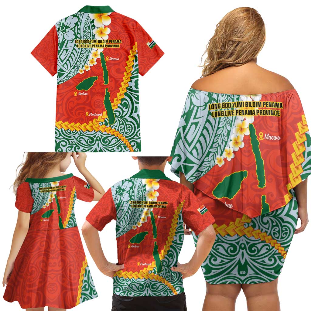 Penama Province Family Matching Off Shoulder Short Dress and Hawaiian Shirt Vanuatu Map - Plumeria Flag Color LT14 - Polynesian Pride