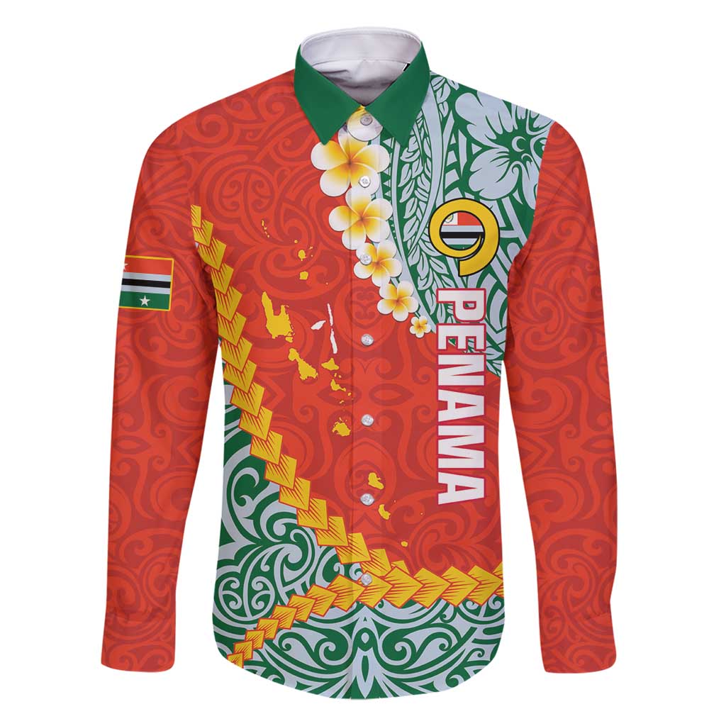 Penama Province Family Matching Tank Maxi Dress and Hawaiian Shirt Vanuatu Map - Plumeria Flag Color LT14 Dad's Shirt - Long Sleeve Red - Polynesian Pride