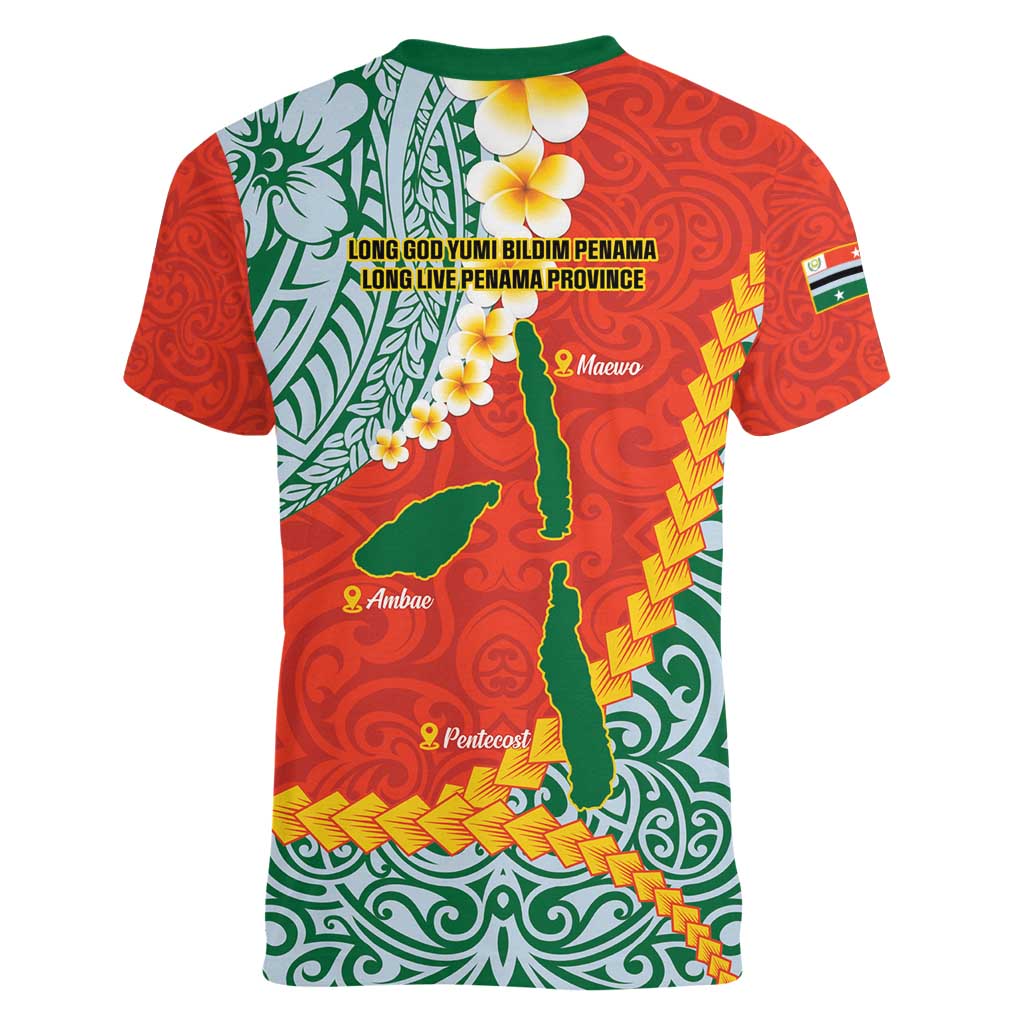 Penama Province Women V-Neck T-Shirt Vanuatu Map - Plumeria Flag Color LT14 - Polynesian Pride