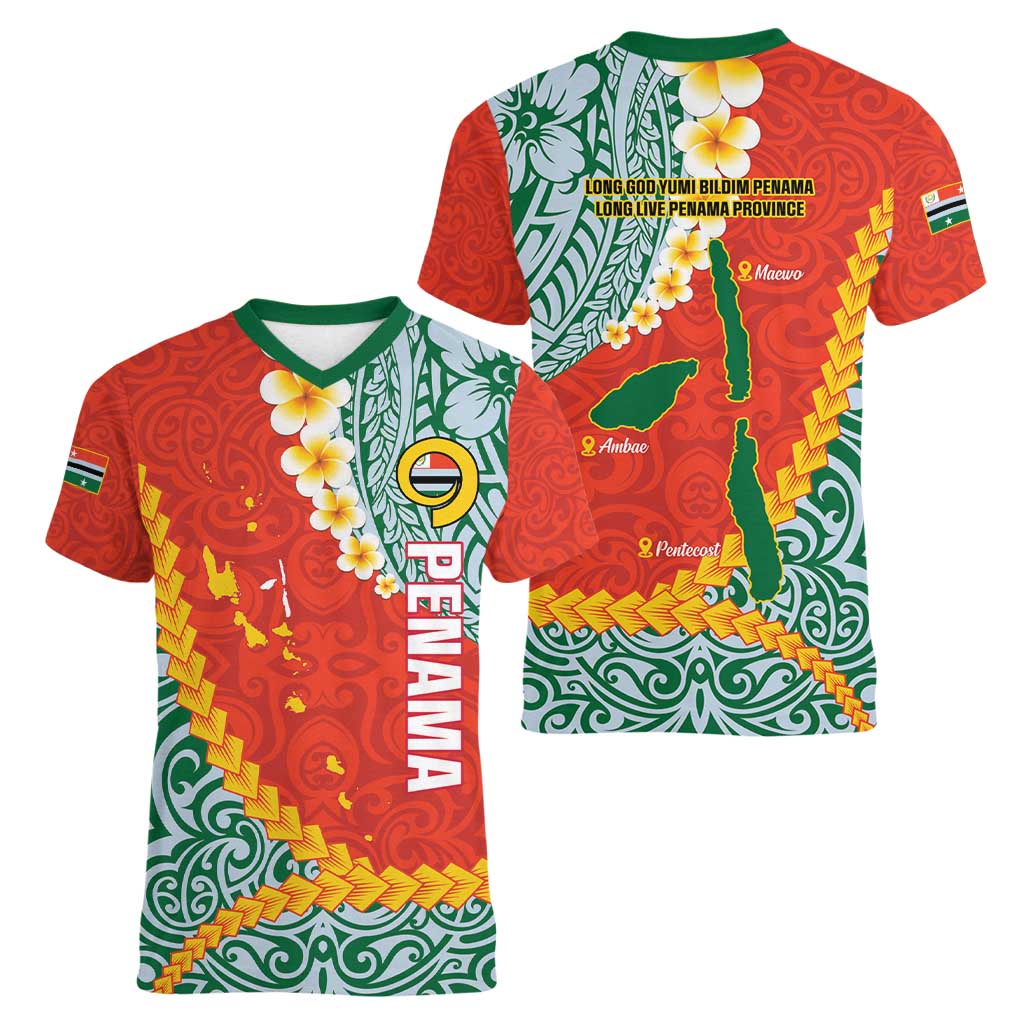 Penama Province Women V-Neck T-Shirt Vanuatu Map - Plumeria Flag Color LT14 - Polynesian Pride