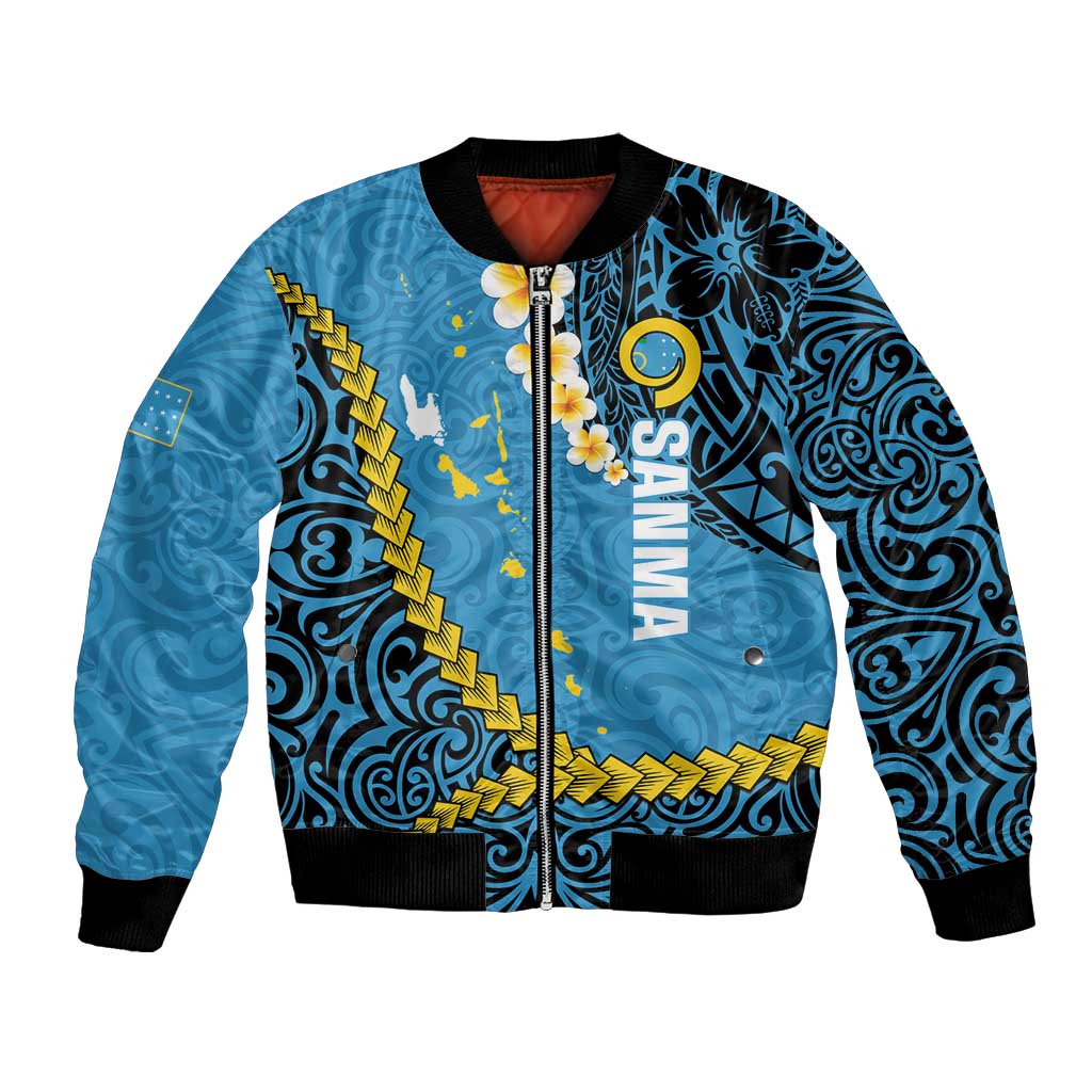 Sanma Province Bomber Jacket Vanuatu Pattern Myna Bird - Plumeria Flag Color LT14 Unisex Blue - Polynesian Pride