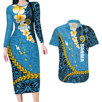 Sanma Province Couples Matching Long Sleeve Bodycon Dress and Hawaiian Shirt Vanuatu Pattern Myna Bird - Plumeria Flag Color LT14 Blue - Polynesian Pride