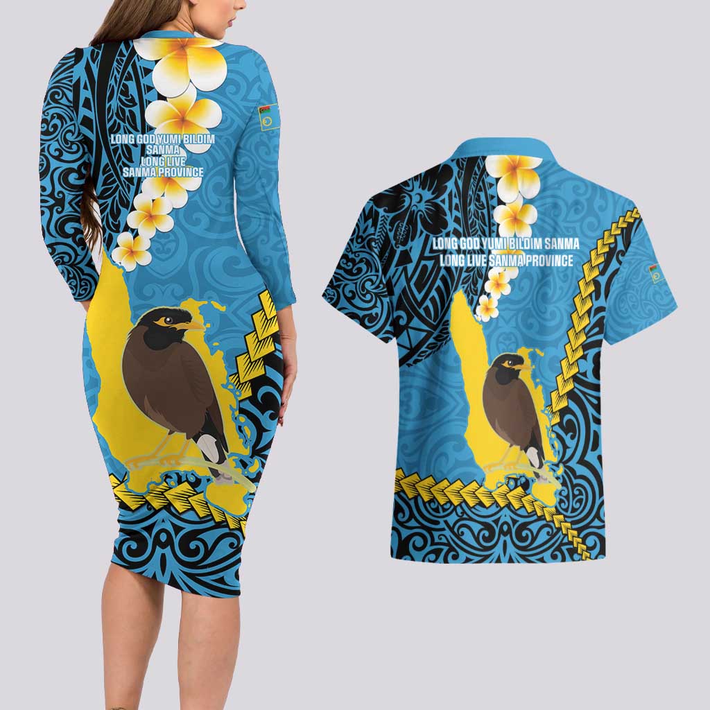 Sanma Province Couples Matching Long Sleeve Bodycon Dress and Hawaiian Shirt Vanuatu Pattern Myna Bird - Plumeria Flag Color LT14 - Polynesian Pride