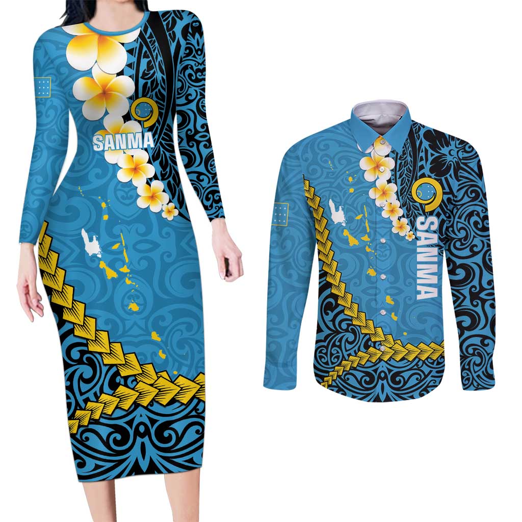 Sanma Province Couples Matching Long Sleeve Bodycon Dress and Long Sleeve Button Shirt Vanuatu Pattern Myna Bird - Plumeria Flag Color LT14 Blue - Polynesian Pride