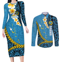 Sanma Province Couples Matching Long Sleeve Bodycon Dress and Long Sleeve Button Shirt Vanuatu Pattern Myna Bird - Plumeria Flag Color LT14 Blue - Polynesian Pride