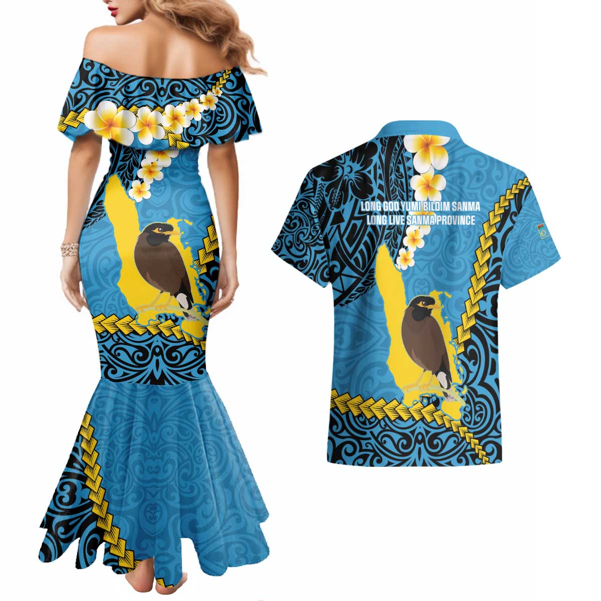 Sanma Province Couples Matching Mermaid Dress and Hawaiian Shirt Vanuatu Pattern Myna Bird - Plumeria Flag Color LT14 - Polynesian Pride