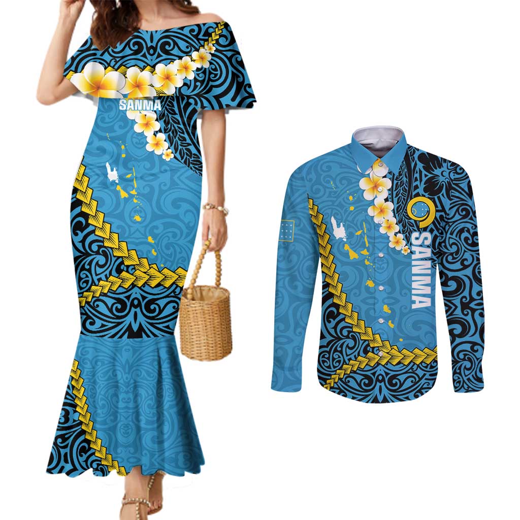 Sanma Province Couples Matching Mermaid Dress and Long Sleeve Button Shirt Vanuatu Pattern Myna Bird - Plumeria Flag Color LT14 Blue - Polynesian Pride