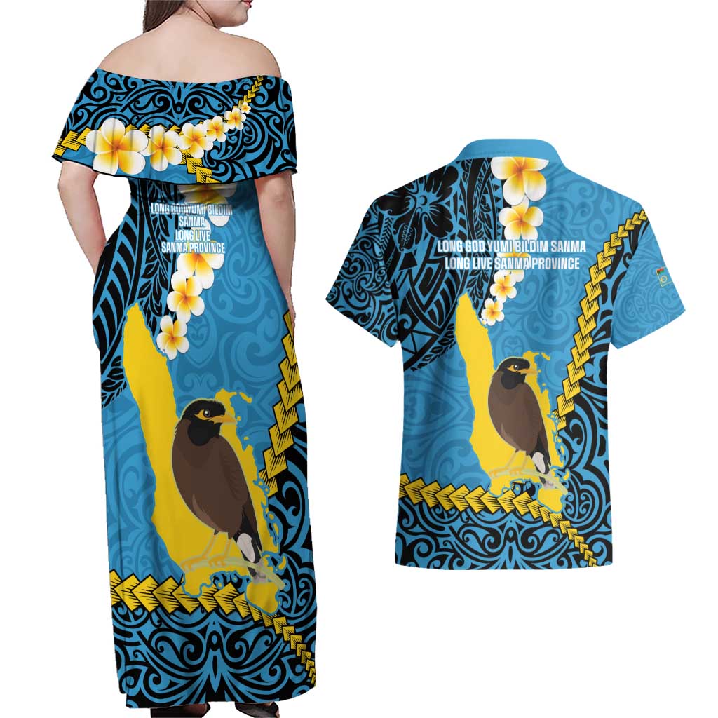 Sanma Province Couples Matching Off Shoulder Maxi Dress and Hawaiian Shirt Vanuatu Pattern Myna Bird - Plumeria Flag Color LT14 - Polynesian Pride