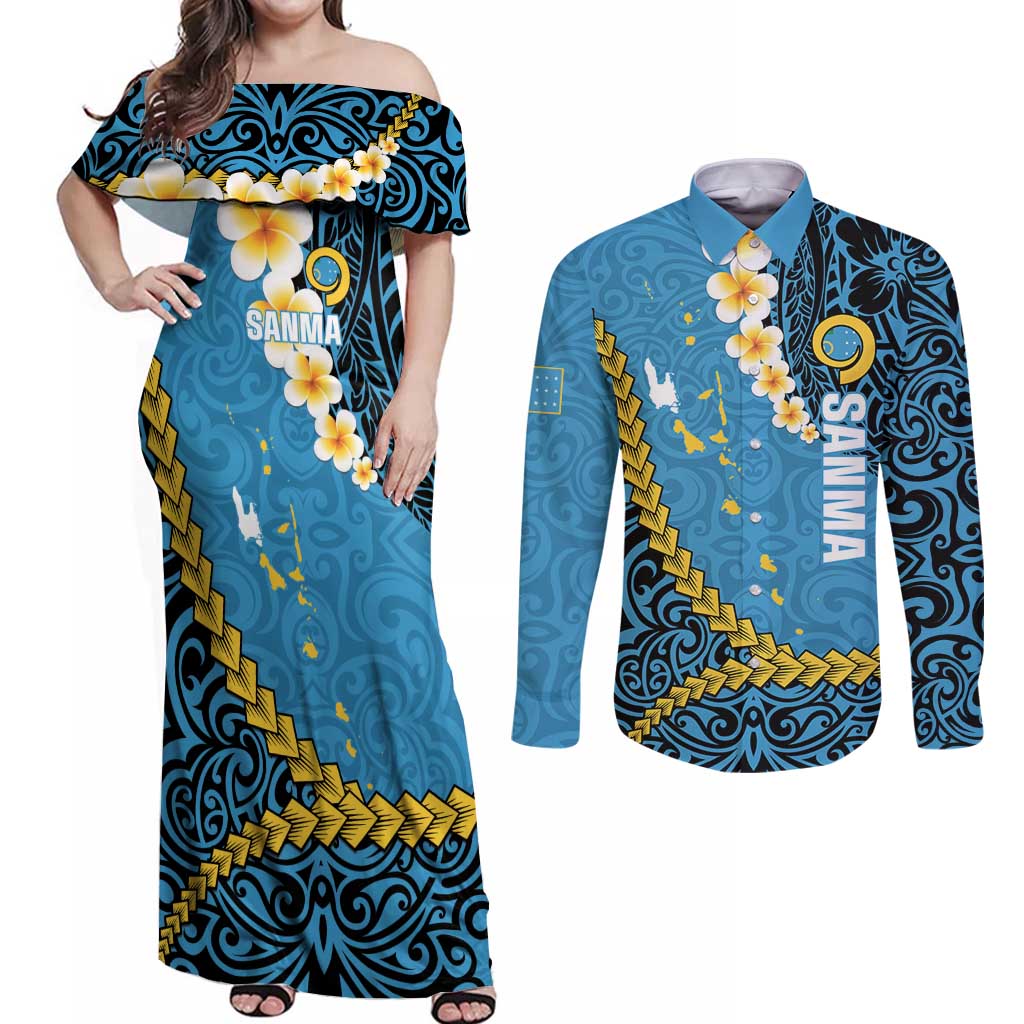 Sanma Province Couples Matching Off Shoulder Maxi Dress and Long Sleeve Button Shirt Vanuatu Pattern Myna Bird - Plumeria Flag Color LT14 Blue - Polynesian Pride