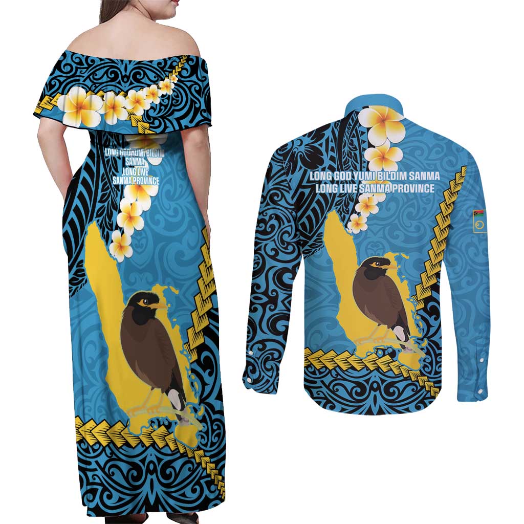 Sanma Province Couples Matching Off Shoulder Maxi Dress and Long Sleeve Button Shirt Vanuatu Pattern Myna Bird - Plumeria Flag Color LT14 - Polynesian Pride