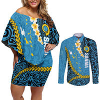 Sanma Province Couples Matching Off Shoulder Short Dress and Long Sleeve Button Shirt Vanuatu Pattern Myna Bird - Plumeria Flag Color LT14 Blue - Polynesian Pride