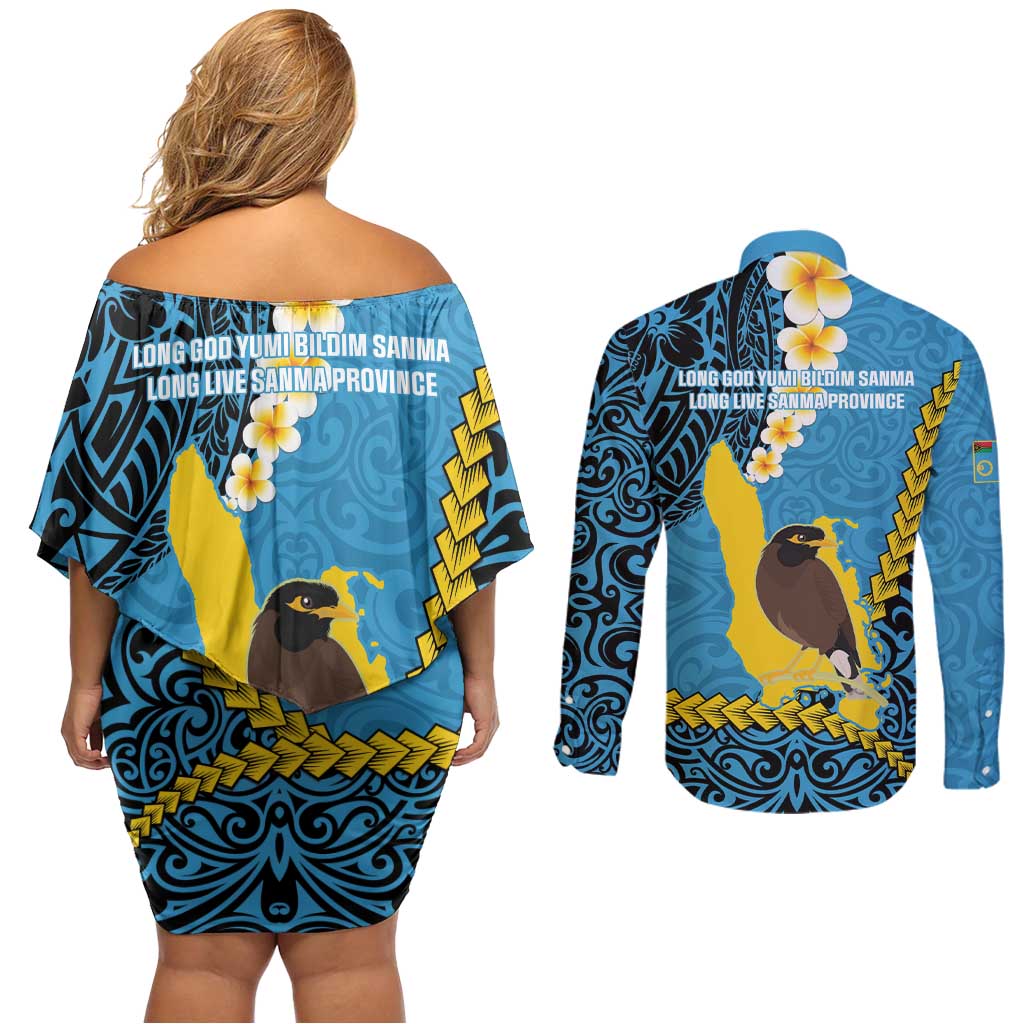 Sanma Province Couples Matching Off Shoulder Short Dress and Long Sleeve Button Shirt Vanuatu Pattern Myna Bird - Plumeria Flag Color LT14 - Polynesian Pride
