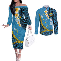 Sanma Province Couples Matching Off The Shoulder Long Sleeve Dress and Long Sleeve Button Shirt Vanuatu Pattern Myna Bird - Plumeria Flag Color LT14 Blue - Polynesian Pride