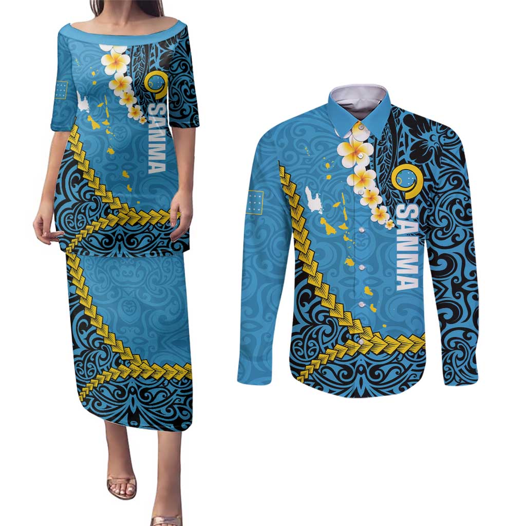 Sanma Province Couples Matching Puletasi and Long Sleeve Button Shirt Vanuatu Pattern Myna Bird - Plumeria Flag Color LT14 Blue - Polynesian Pride