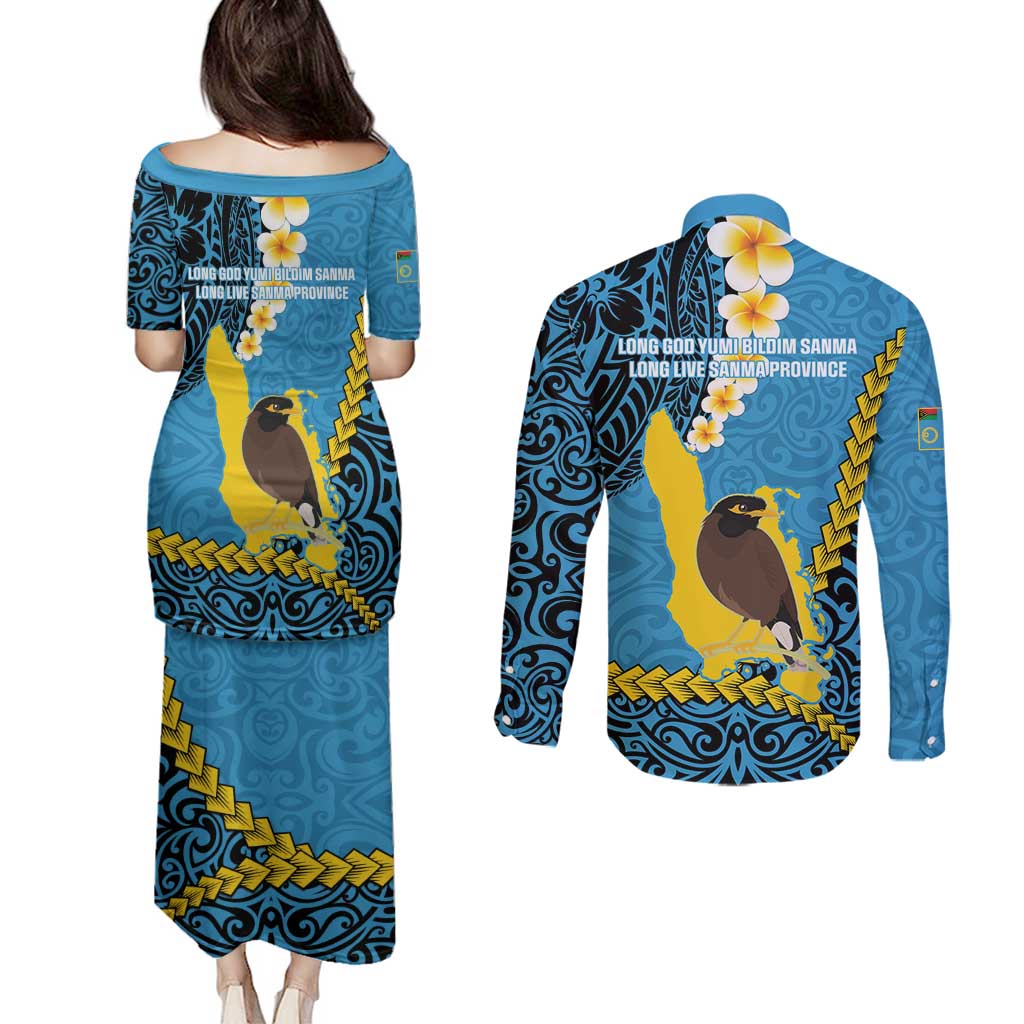 Sanma Province Couples Matching Puletasi and Long Sleeve Button Shirt Vanuatu Pattern Myna Bird - Plumeria Flag Color LT14 - Polynesian Pride