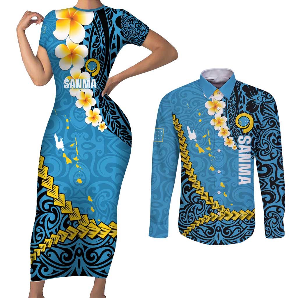 Sanma Province Couples Matching Short Sleeve Bodycon Dress and Long Sleeve Button Shirt Vanuatu Pattern Myna Bird - Plumeria Flag Color LT14 Blue - Polynesian Pride