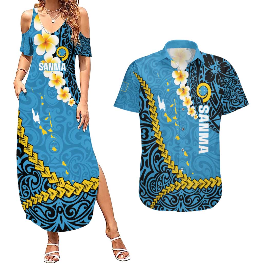 Sanma Province Couples Matching Summer Maxi Dress and Hawaiian Shirt Vanuatu Pattern Myna Bird - Plumeria Flag Color LT14 Blue - Polynesian Pride