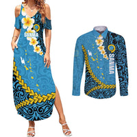 Sanma Province Couples Matching Summer Maxi Dress and Long Sleeve Button Shirt Vanuatu Pattern Myna Bird - Plumeria Flag Color LT14 Blue - Polynesian Pride