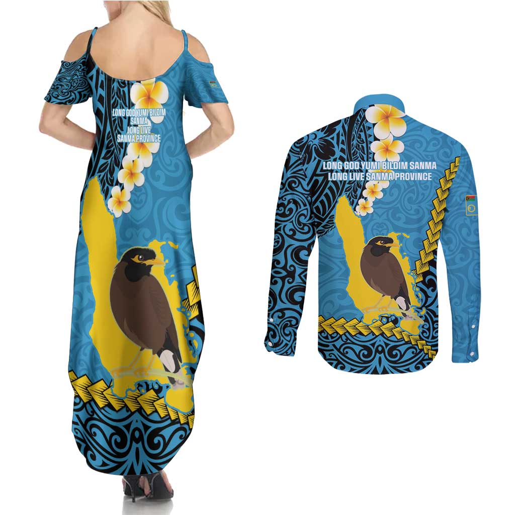 Sanma Province Couples Matching Summer Maxi Dress and Long Sleeve Button Shirt Vanuatu Pattern Myna Bird - Plumeria Flag Color LT14 - Polynesian Pride