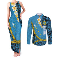 Sanma Province Couples Matching Tank Maxi Dress and Long Sleeve Button Shirt Vanuatu Pattern Myna Bird - Plumeria Flag Color LT14 Blue - Polynesian Pride