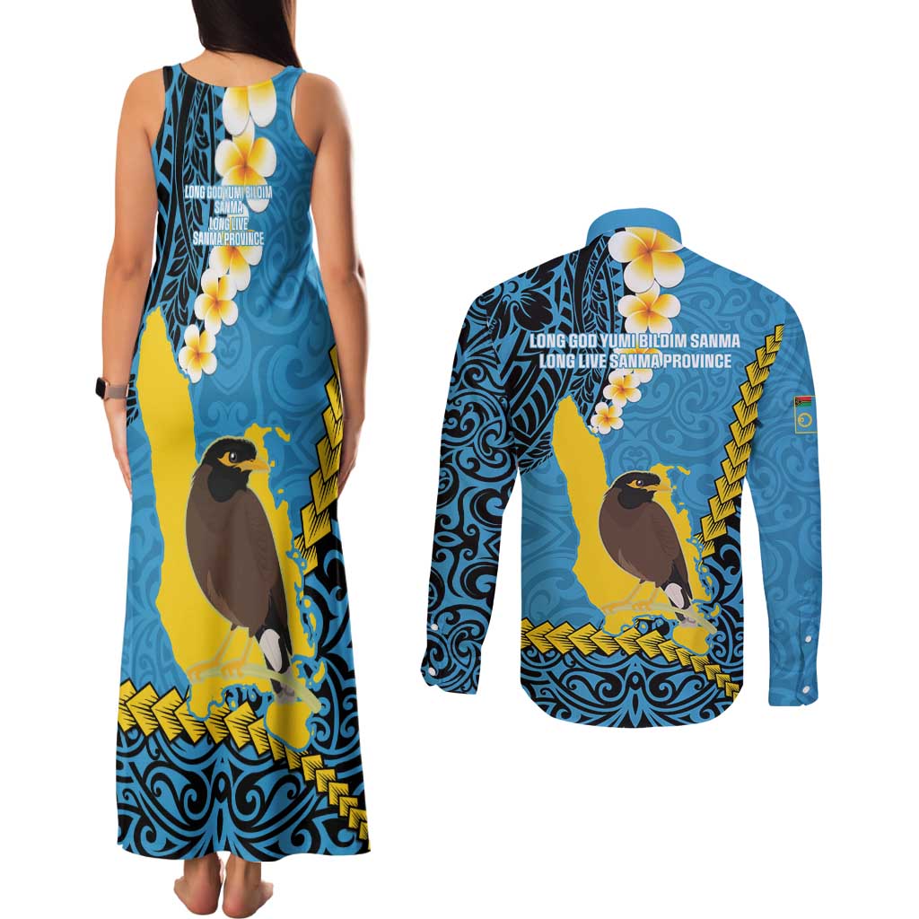 Sanma Province Couples Matching Tank Maxi Dress and Long Sleeve Button Shirt Vanuatu Pattern Myna Bird - Plumeria Flag Color LT14 - Polynesian Pride