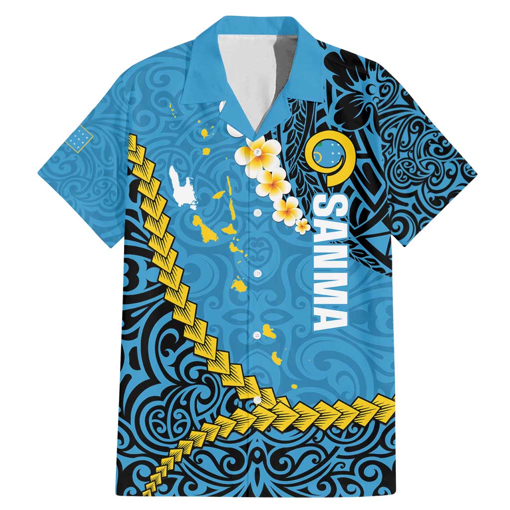 Sanma Province Family Matching Mermaid Dress and Hawaiian Shirt Vanuatu Pattern Myna Bird - Plumeria Flag Color LT14 Dad's Shirt - Short Sleeve Blue - Polynesian Pride