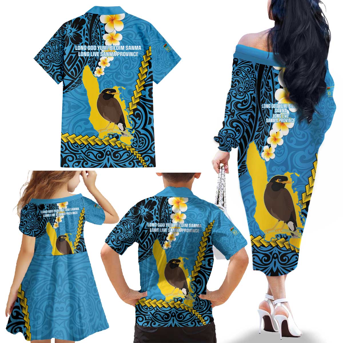 Sanma Province Family Matching Off The Shoulder Long Sleeve Dress and Hawaiian Shirt Vanuatu Pattern Myna Bird - Plumeria Flag Color LT14 - Polynesian Pride