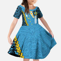Sanma Province Family Matching Off Shoulder Maxi Dress and Hawaiian Shirt Vanuatu Pattern Myna Bird - Plumeria Flag Color LT14 Daughter's Dress Blue - Polynesian Pride