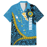 Sanma Province Family Matching Off Shoulder Maxi Dress and Hawaiian Shirt Vanuatu Pattern Myna Bird - Plumeria Flag Color LT14 Dad's Shirt - Short Sleeve Blue - Polynesian Pride