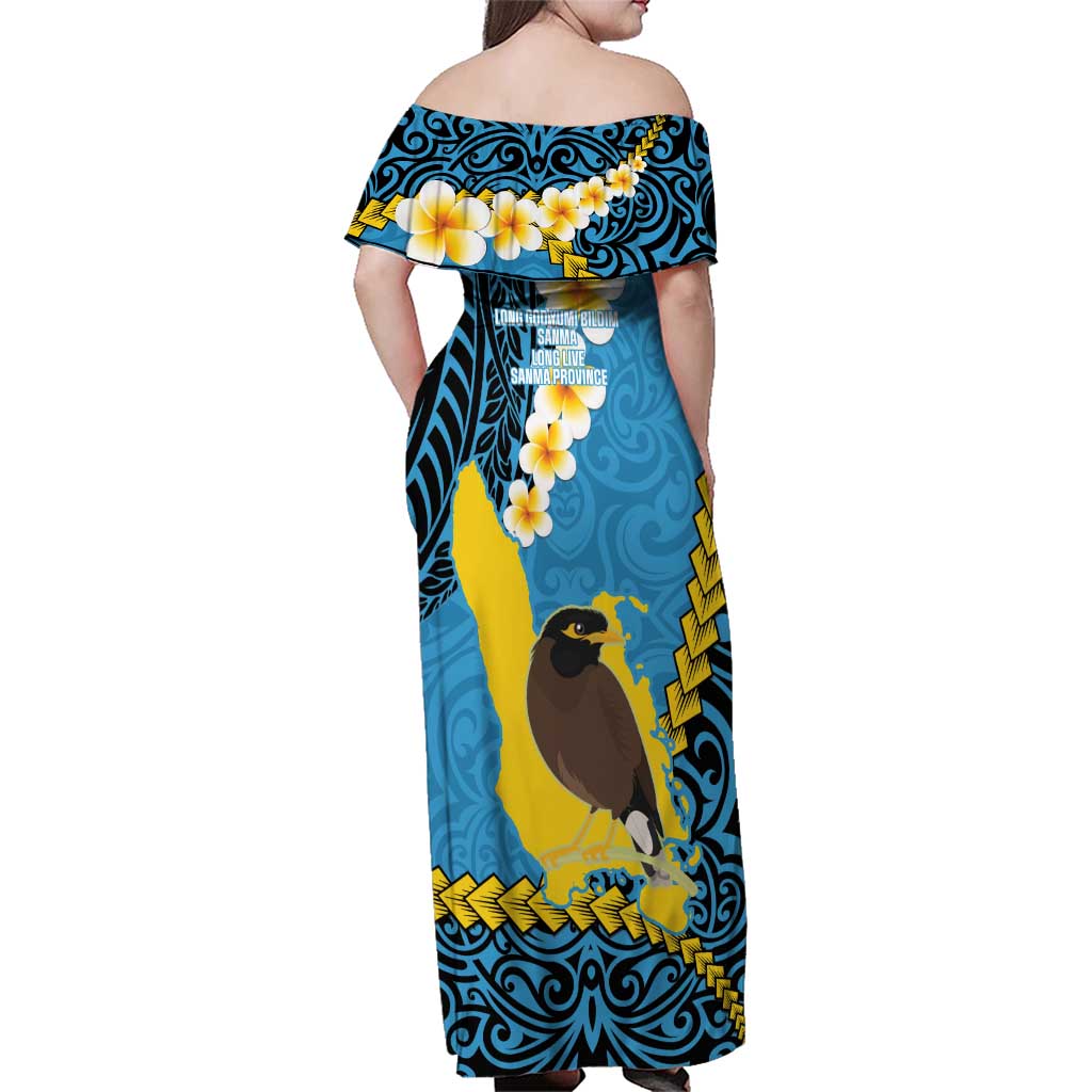 Sanma Province Family Matching Off Shoulder Maxi Dress and Hawaiian Shirt Vanuatu Pattern Myna Bird - Plumeria Flag Color LT14 - Polynesian Pride