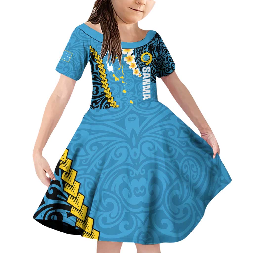 Sanma Province Family Matching Off Shoulder Short Dress and Hawaiian Shirt Vanuatu Pattern Myna Bird - Plumeria Flag Color LT14 Daughter's Dress Blue - Polynesian Pride