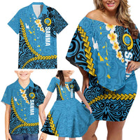 Sanma Province Family Matching Off Shoulder Short Dress and Hawaiian Shirt Vanuatu Pattern Myna Bird - Plumeria Flag Color LT14 - Polynesian Pride