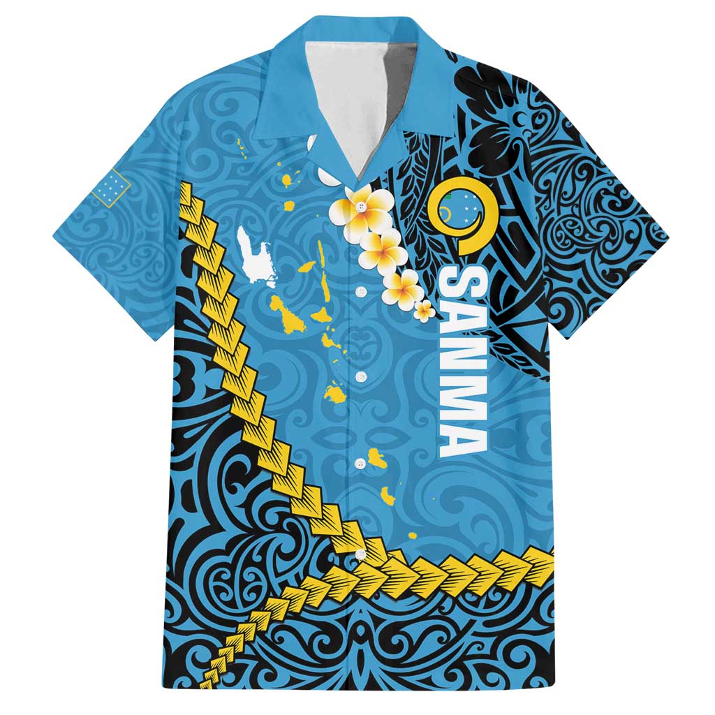 Sanma Province Family Matching Puletasi and Hawaiian Shirt Vanuatu Pattern Myna Bird - Plumeria Flag Color LT14 Dad's Shirt - Short Sleeve Blue - Polynesian Pride