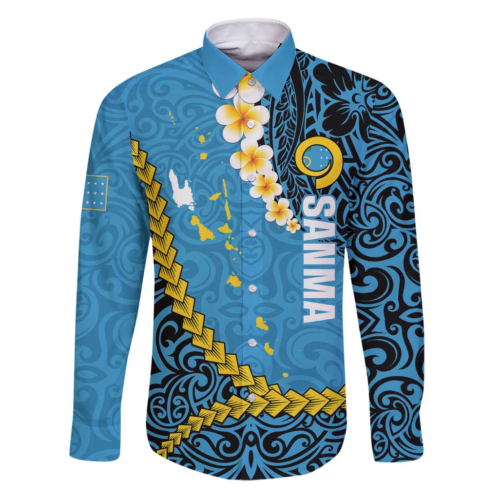 Sanma Province Family Matching Puletasi and Hawaiian Shirt Vanuatu Pattern Myna Bird - Plumeria Flag Color LT14 Dad's Shirt - Long Sleeve Blue - Polynesian Pride