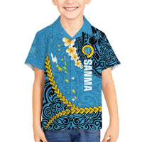 Sanma Province Family Matching Puletasi and Hawaiian Shirt Vanuatu Pattern Myna Bird - Plumeria Flag Color LT14 Son's Shirt Blue - Polynesian Pride