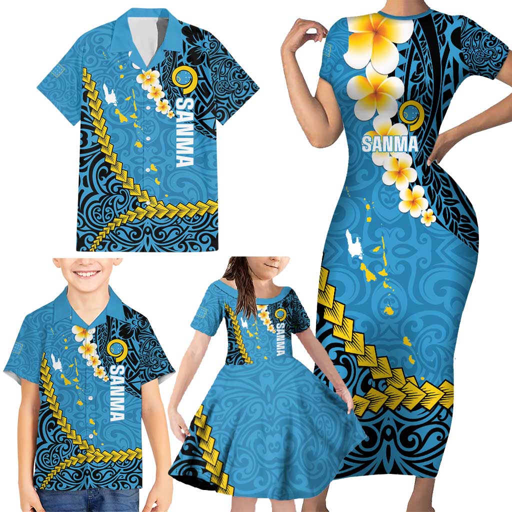Sanma Province Family Matching Short Sleeve Bodycon Dress and Hawaiian Shirt Vanuatu Pattern Myna Bird - Plumeria Flag Color LT14 - Polynesian Pride