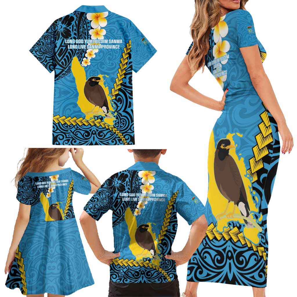 Sanma Province Family Matching Short Sleeve Bodycon Dress and Hawaiian Shirt Vanuatu Pattern Myna Bird - Plumeria Flag Color LT14 - Polynesian Pride