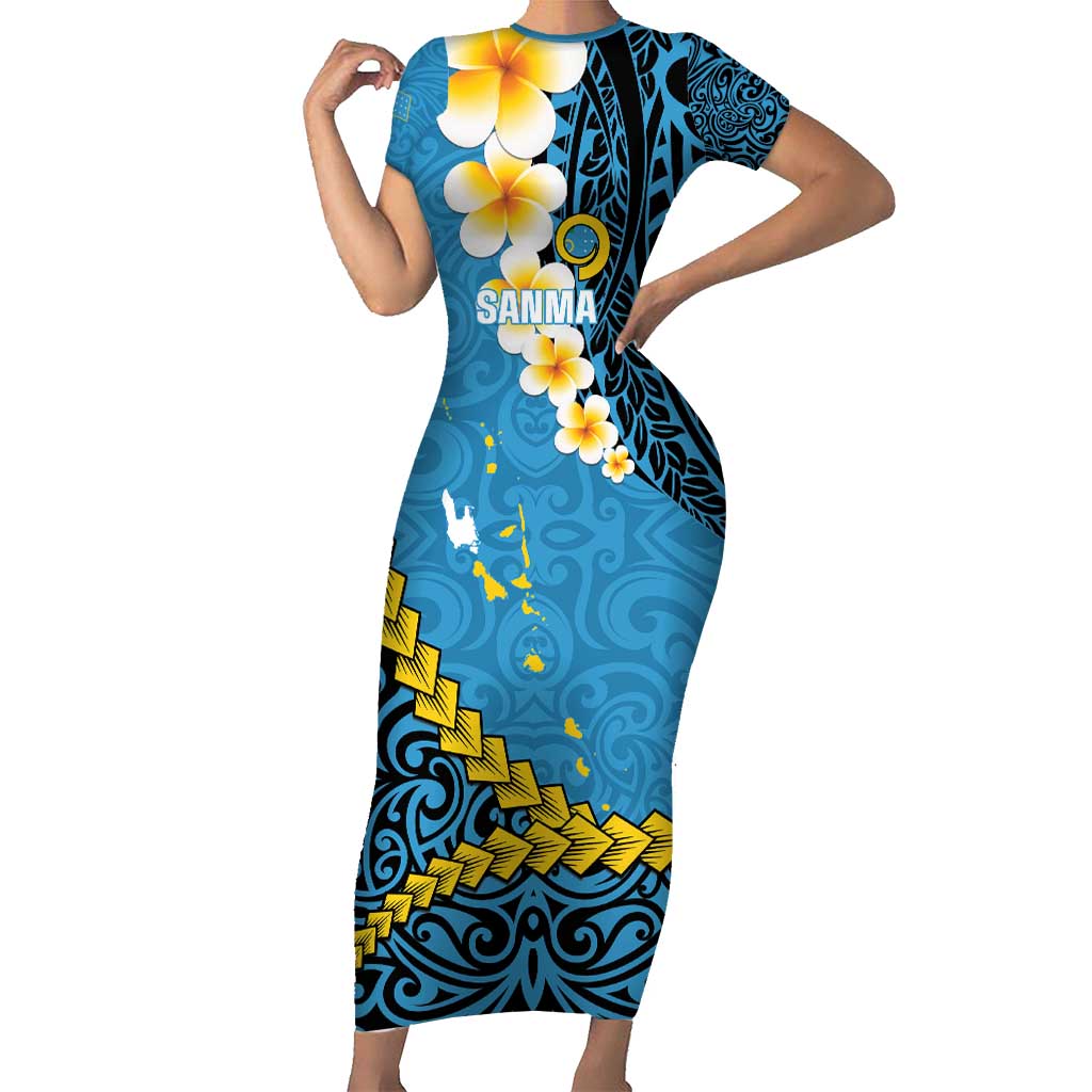 Sanma Province Family Matching Short Sleeve Bodycon Dress and Hawaiian Shirt Vanuatu Pattern Myna Bird - Plumeria Flag Color LT14 Mom's Dress Blue - Polynesian Pride