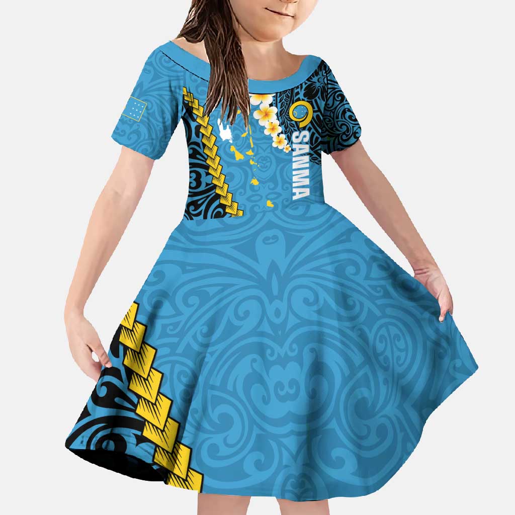 Sanma Province Family Matching Summer Maxi Dress and Hawaiian Shirt Vanuatu Pattern Myna Bird - Plumeria Flag Color LT14 Daughter's Dress Blue - Polynesian Pride