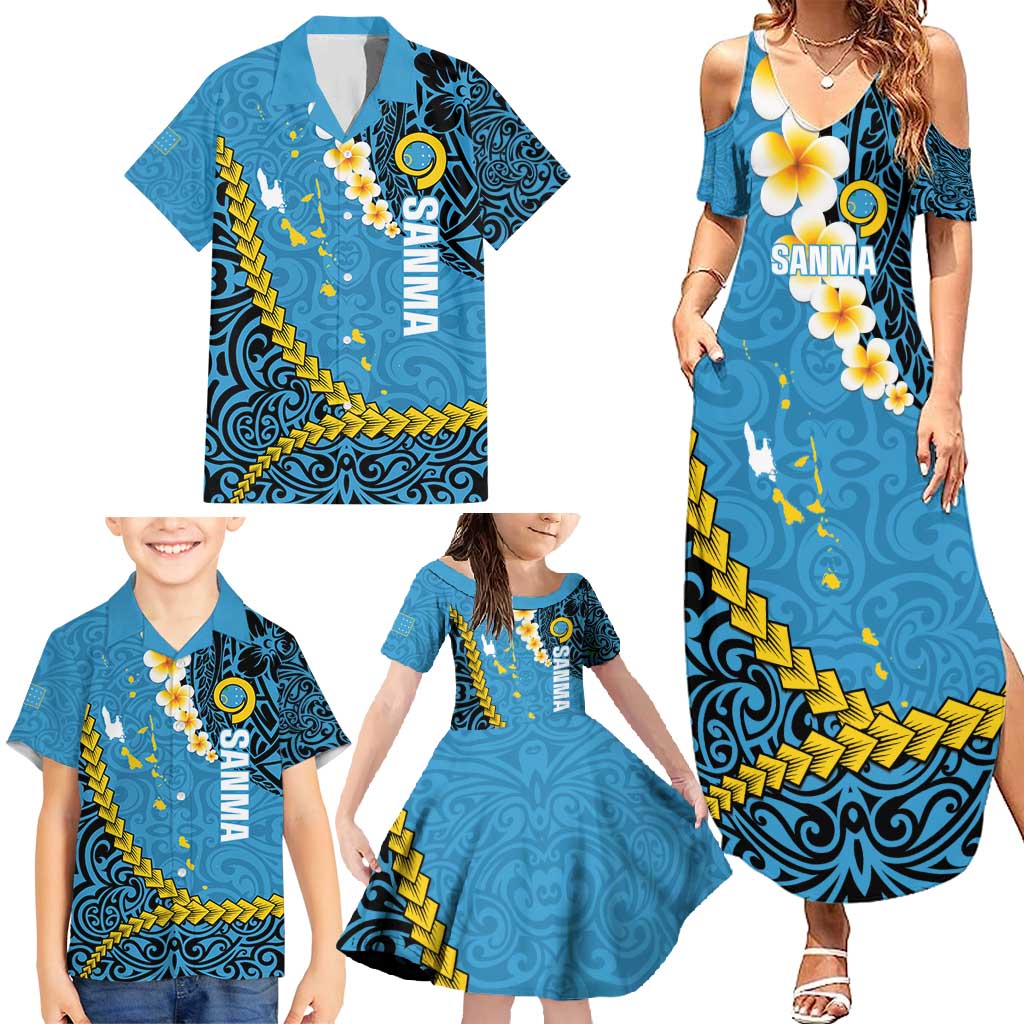 Sanma Province Family Matching Summer Maxi Dress and Hawaiian Shirt Vanuatu Pattern Myna Bird - Plumeria Flag Color LT14 - Polynesian Pride