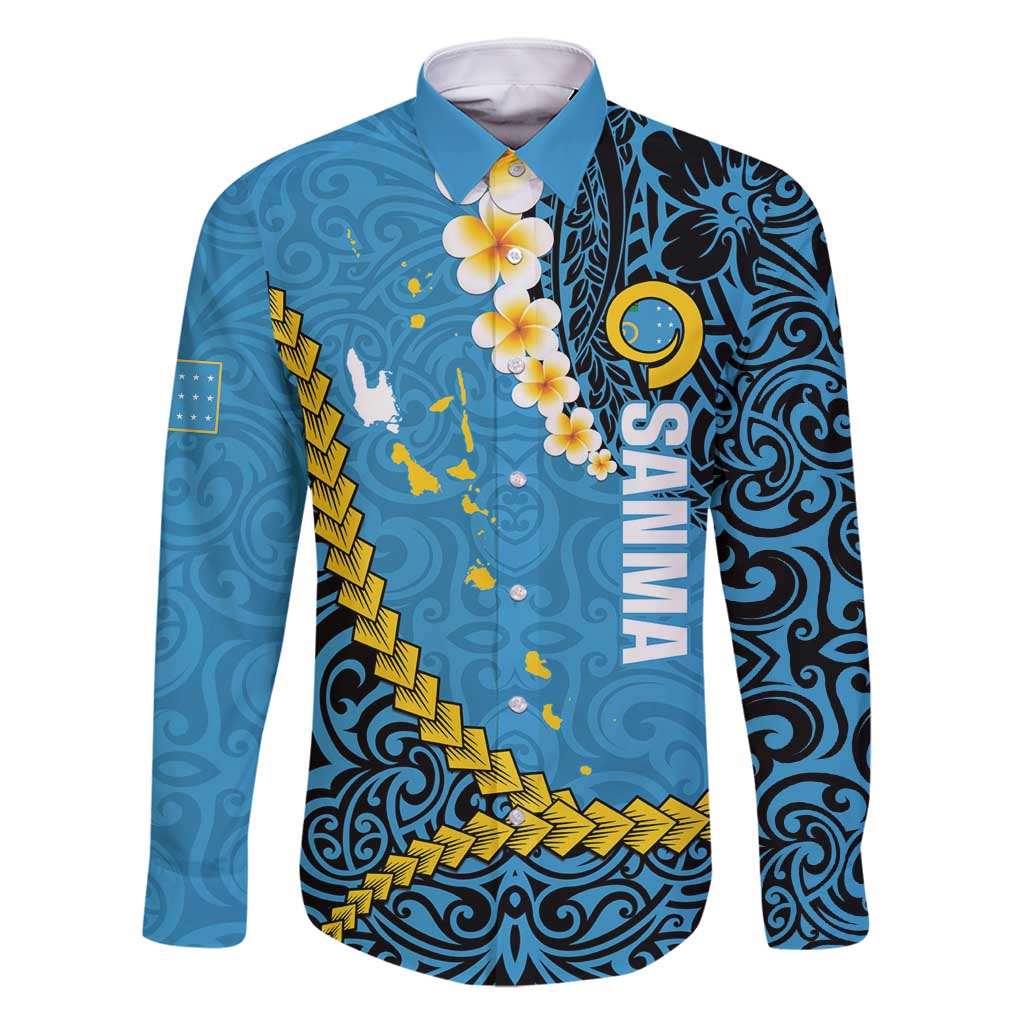 Sanma Province Family Matching Summer Maxi Dress and Hawaiian Shirt Vanuatu Pattern Myna Bird - Plumeria Flag Color LT14 Dad's Shirt - Long Sleeve Blue - Polynesian Pride