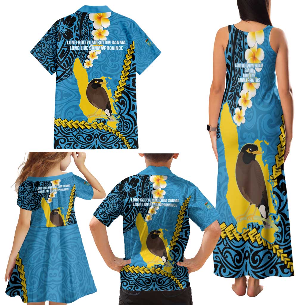 Sanma Province Family Matching Tank Maxi Dress and Hawaiian Shirt Vanuatu Pattern Myna Bird - Plumeria Flag Color LT14 - Polynesian Pride