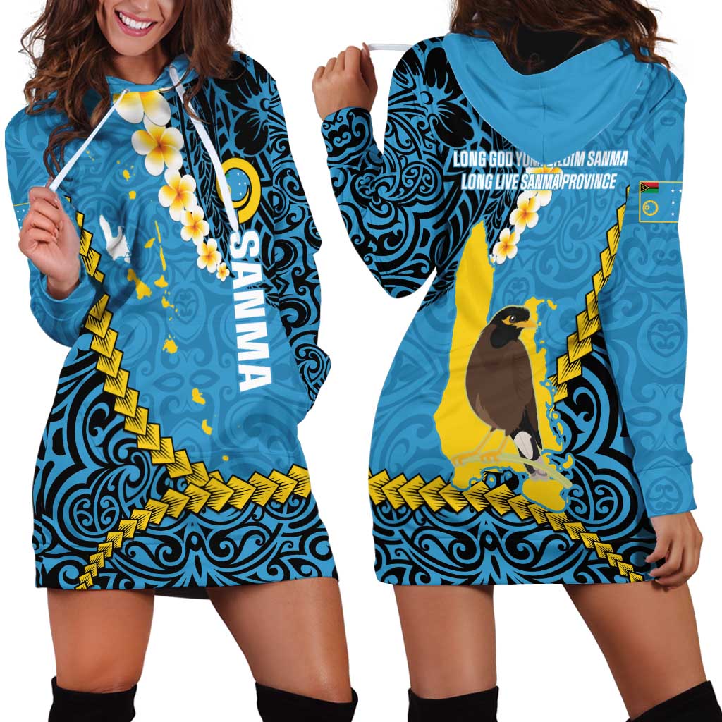 Sanma Province Hoodie Dress Vanuatu Pattern Myna Bird - Plumeria Flag Color LT14 - Polynesian Pride