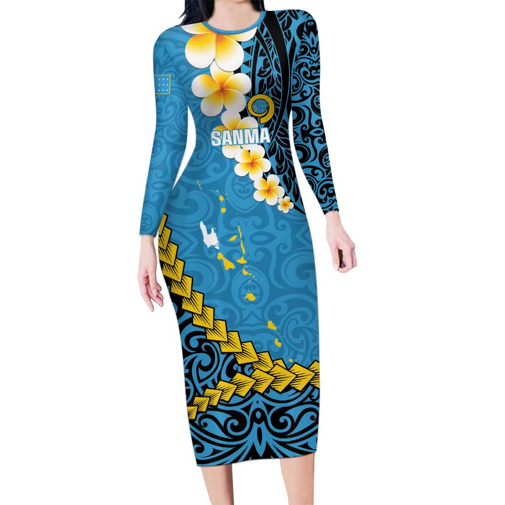 Sanma Province Long Sleeve Bodycon Dress Vanuatu Pattern Myna Bird - Plumeria Flag Color LT14 Long Dress Blue - Polynesian Pride